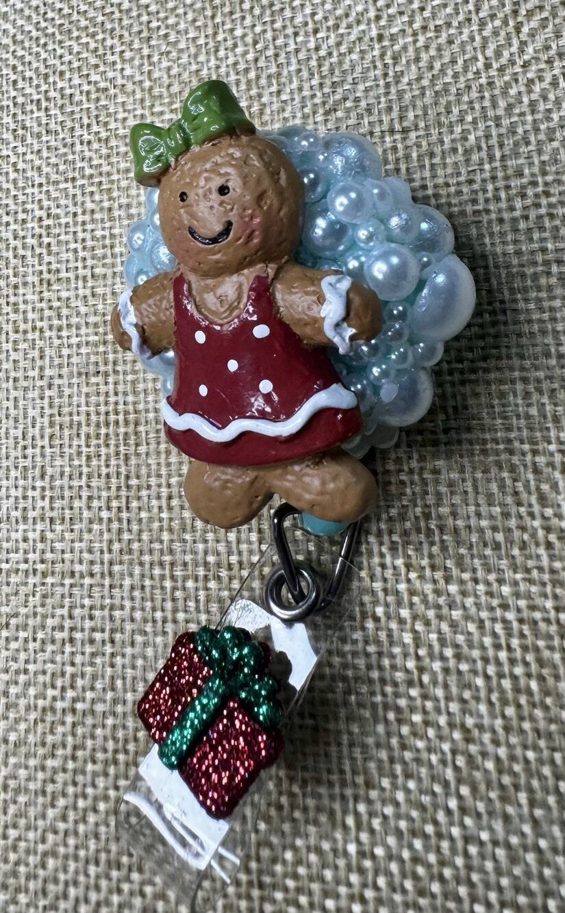 Gingerbread Girl with Blue Pearls Retractable Reel ID Badge Alligator Clip